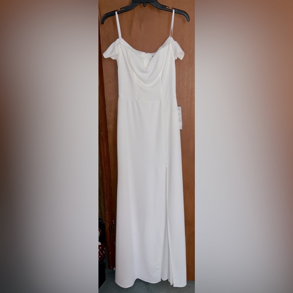 B Darlin Off-the-Shoulder Side Slit White Maxi Dress - Picture 1 of 6